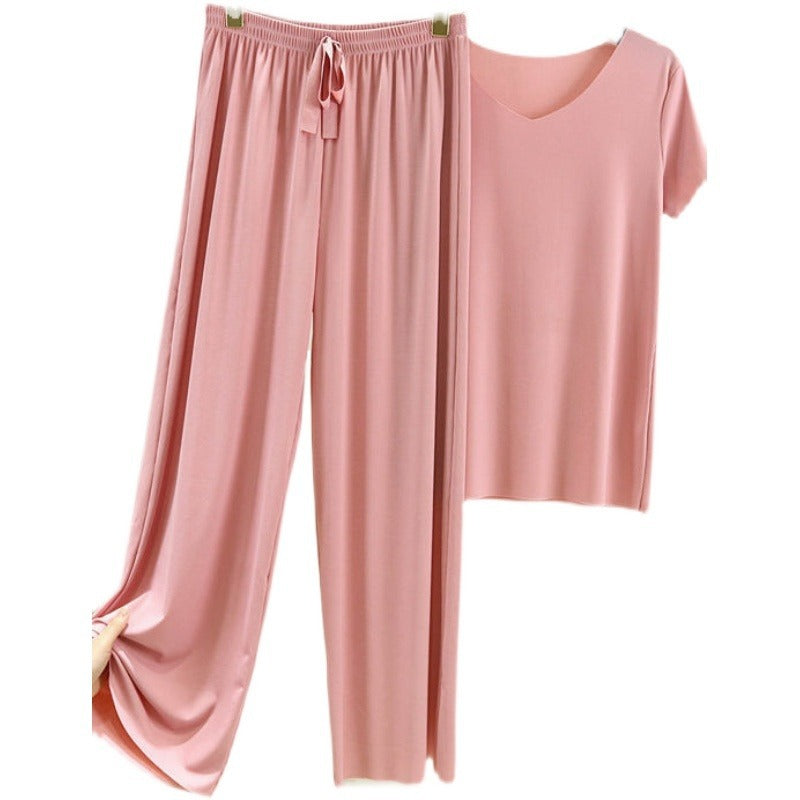 Summer Korean Style Lightweight Soft Two-Piece Set for Women, Ice Silk Casual Short Sleeve T-Shirt and Cool Long Pants