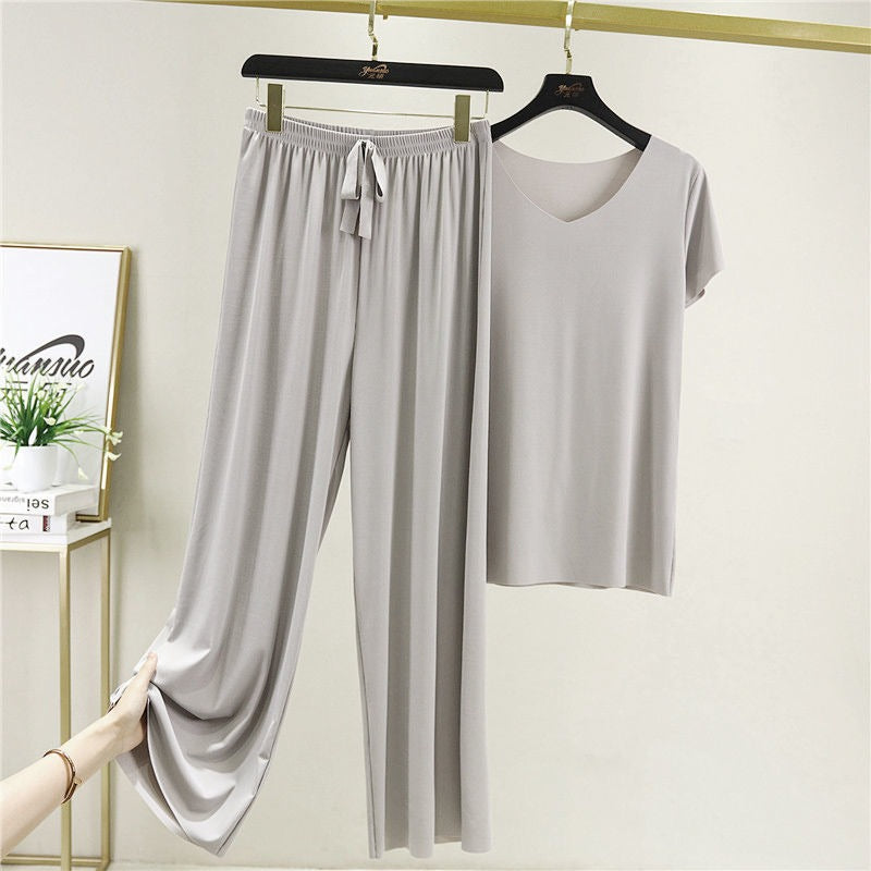 Summer Korean Style Lightweight Soft Two-Piece Set for Women, Ice Silk Casual Short Sleeve T-Shirt and Cool Long Pants