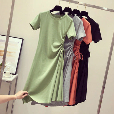 Avocado Green Dress Summer New Style Ins Fitted Slimming Drawstring Charming  Student T-Shirt Dress for Women