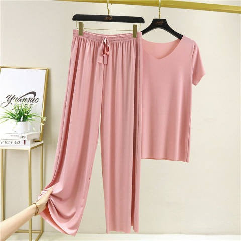 Summer Korean Style Lightweight Soft Two-Piece Set for Women, Ice Silk Casual Short Sleeve T-Shirt and Cool Long Pants