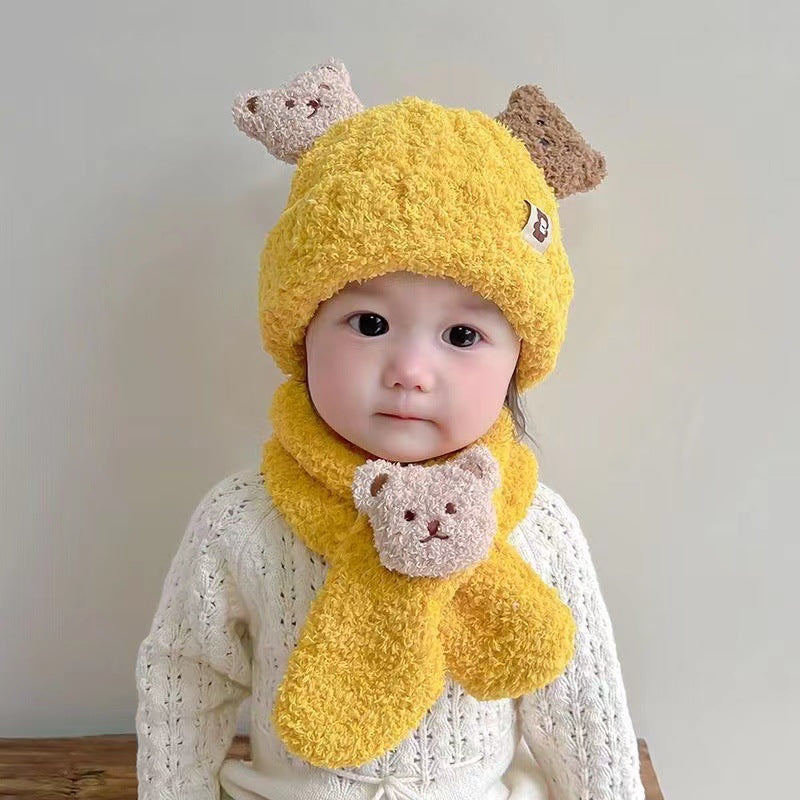 Teddy Velvet Bear Scarf Hat Two Piece Cartoon Ear Protection Warm Boys and Girls Set Hat