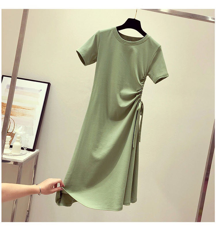 Avocado Green Dress Summer New Style Ins Fitted Slimming Drawstring Charming  Student T-Shirt Dress for Women
