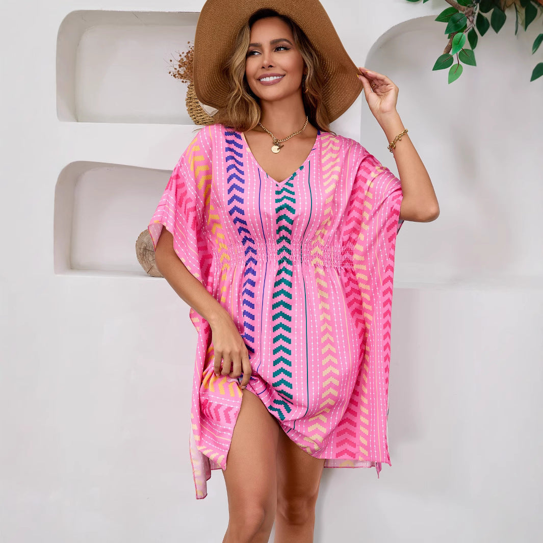 Bohemian Vacation Style Printed Sweet Dress V-Neck Kaftan