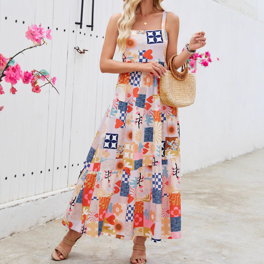Love Flower Print Bohemian Beach Maxi Dress with Strap, Summer Vacation Casual Flowy Dress