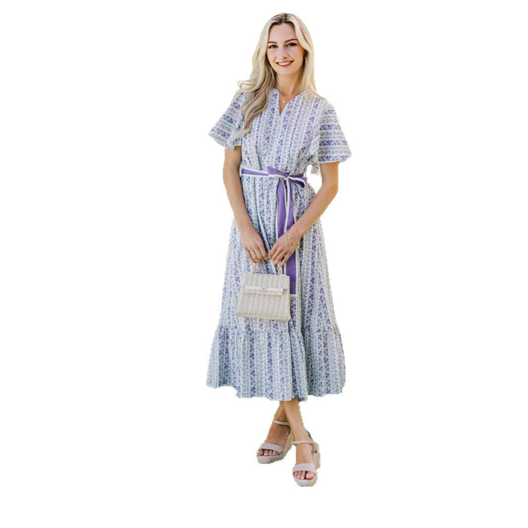 Bohemian Floral Belted Ruffle Dress with V-Neckline, Long Vacation Dress
