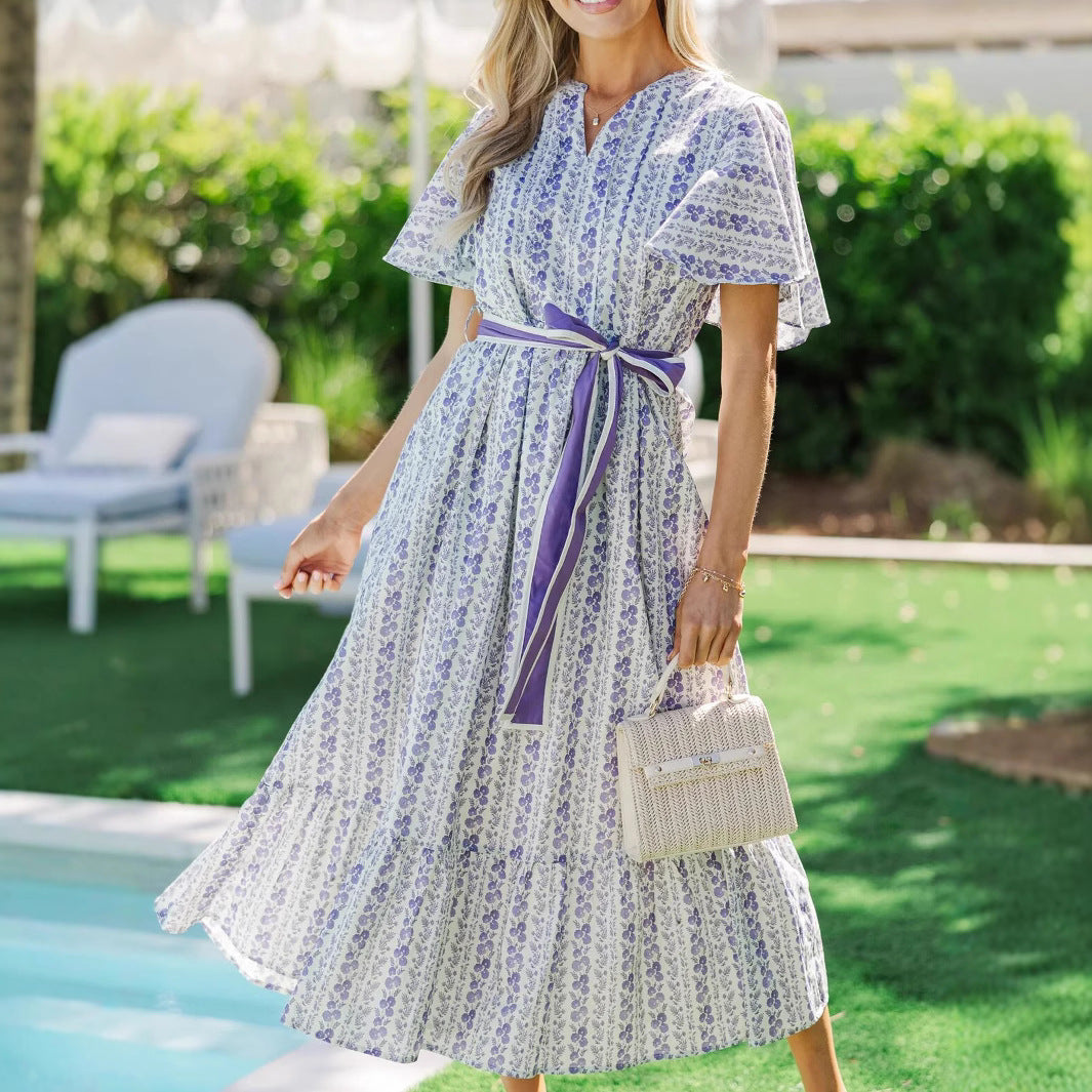 Bohemian Floral Belted Ruffle Dress with V-Neckline, Long Vacation Dress