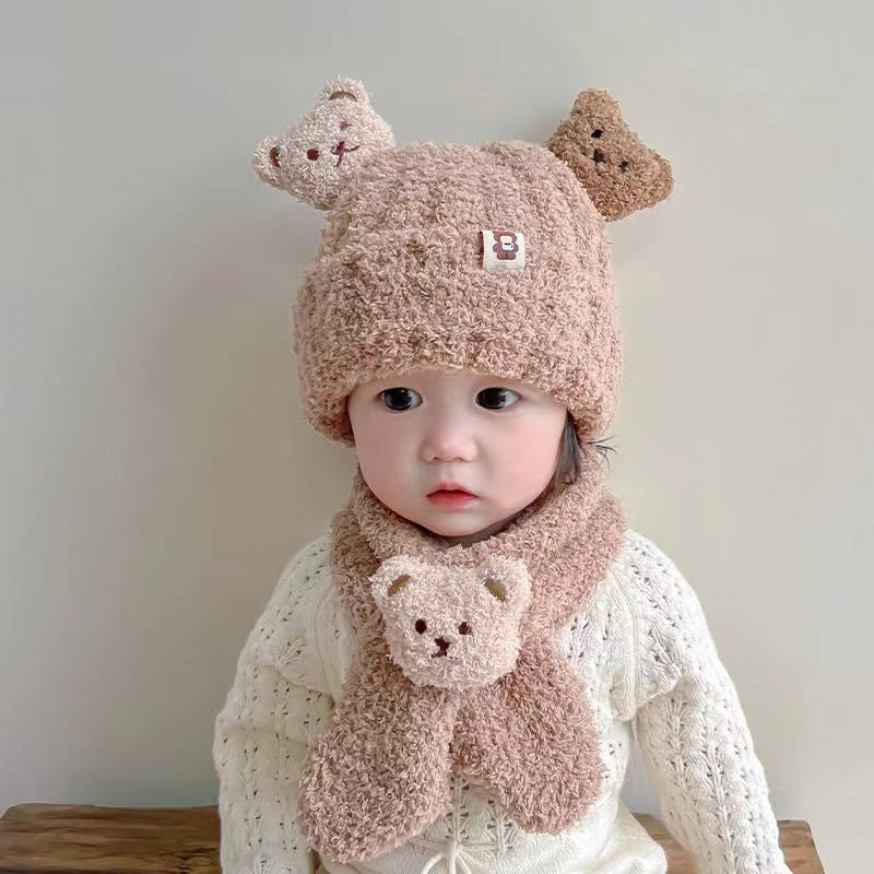 Teddy Velvet Bear Scarf Hat Two Piece Cartoon Ear Protection Warm Boys and Girls Set Hat