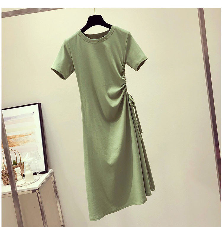 Avocado Green Dress Summer New Style Ins Fitted Slimming Drawstring Charming  Student T-Shirt Dress for Women