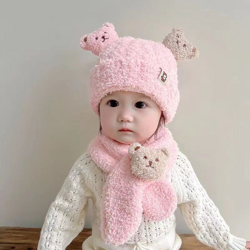 Teddy Velvet Bear Scarf Hat Two Piece Cartoon Ear Protection Warm Boys and Girls Set Hat