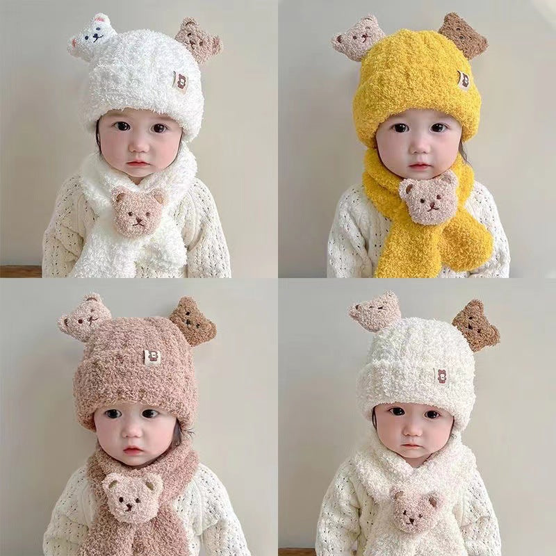 Teddy Velvet Bear Scarf Hat Two Piece Cartoon Ear Protection Warm Boys and Girls Set Hat