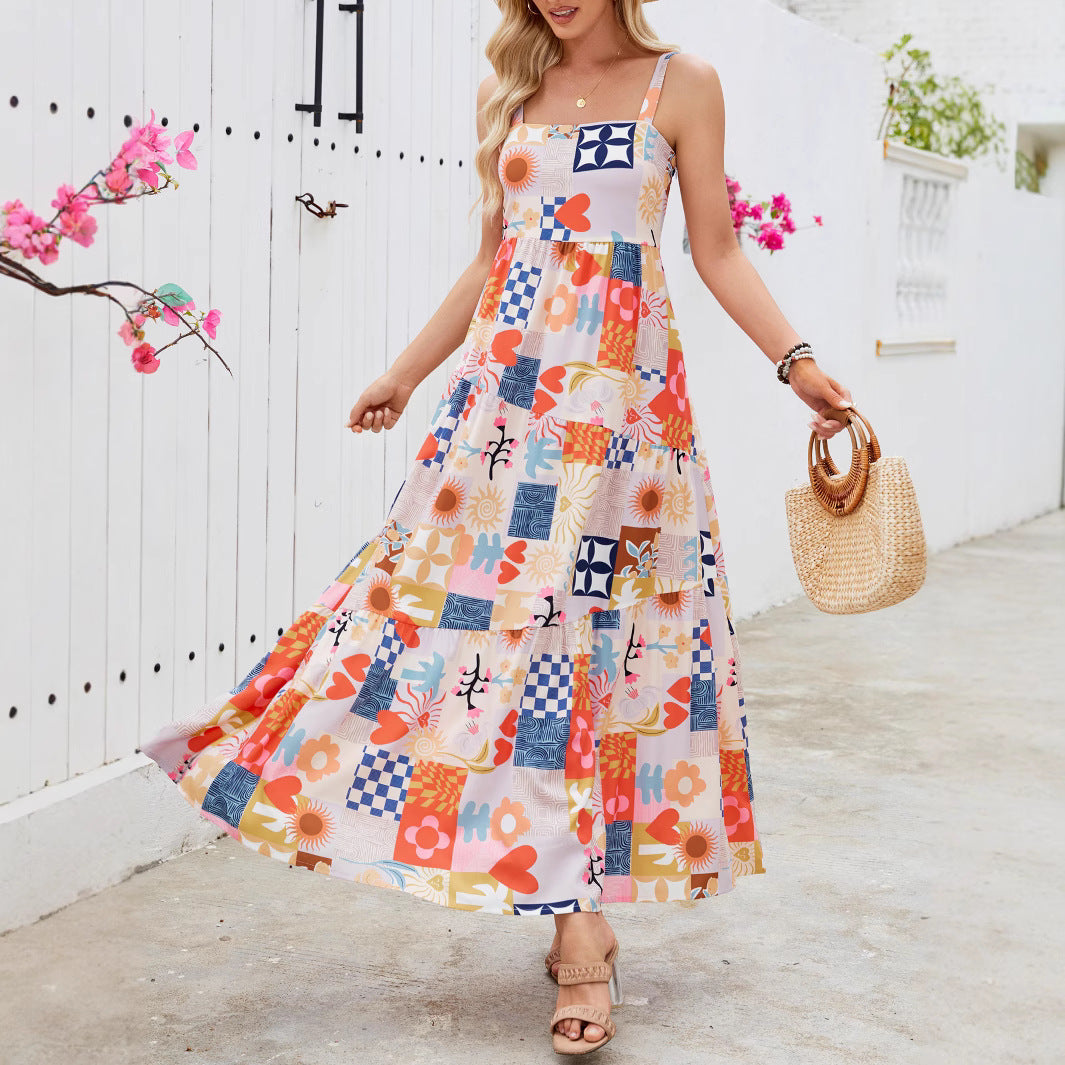 Love Flower Print Bohemian Beach Maxi Dress with Strap, Summer Vacation Casual Flowy Dress