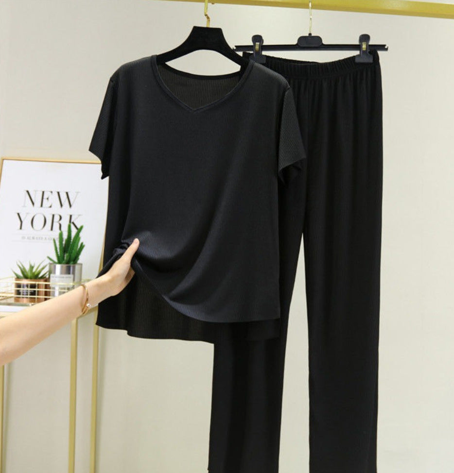 Summer Korean Style Lightweight Soft Two-Piece Set for Women, Ice Silk Casual Short Sleeve T-Shirt and Cool Long Pants