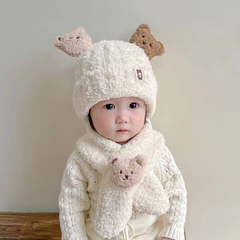 Teddy Velvet Bear Scarf Hat Two Piece Cartoon Ear Protection Warm Boys and Girls Set Hat