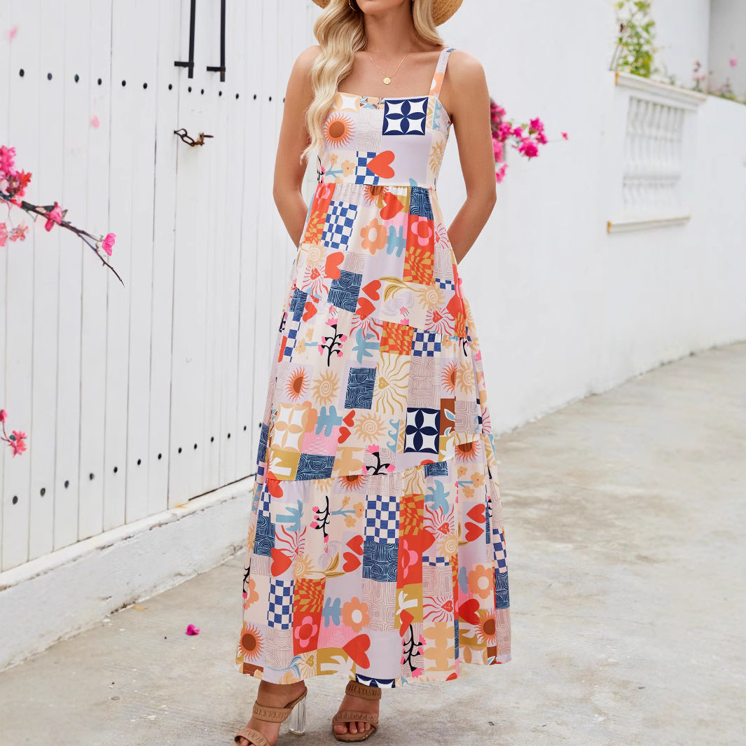 Love Flower Print Bohemian Beach Maxi Dress with Strap, Summer Vacation Casual Flowy Dress