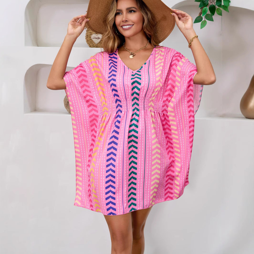 Bohemian Vacation Style Printed Sweet Dress V-Neck Kaftan