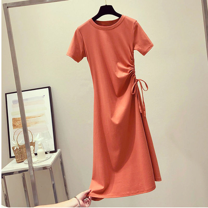 Avocado Green Dress Summer New Style Ins Fitted Slimming Drawstring Charming  Student T-Shirt Dress for Women