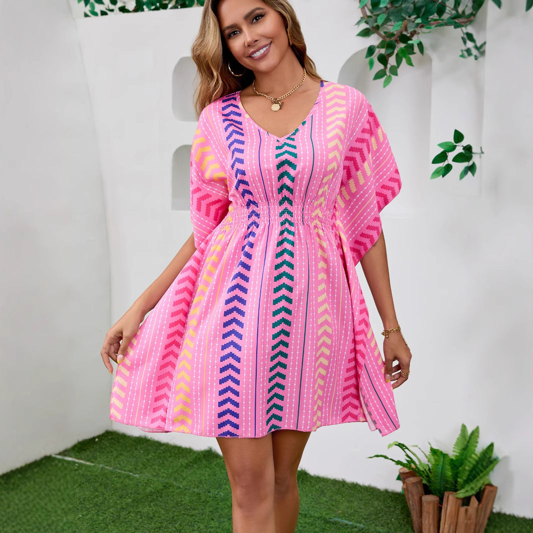Bohemian Vacation Style Printed Sweet Dress V-Neck Kaftan