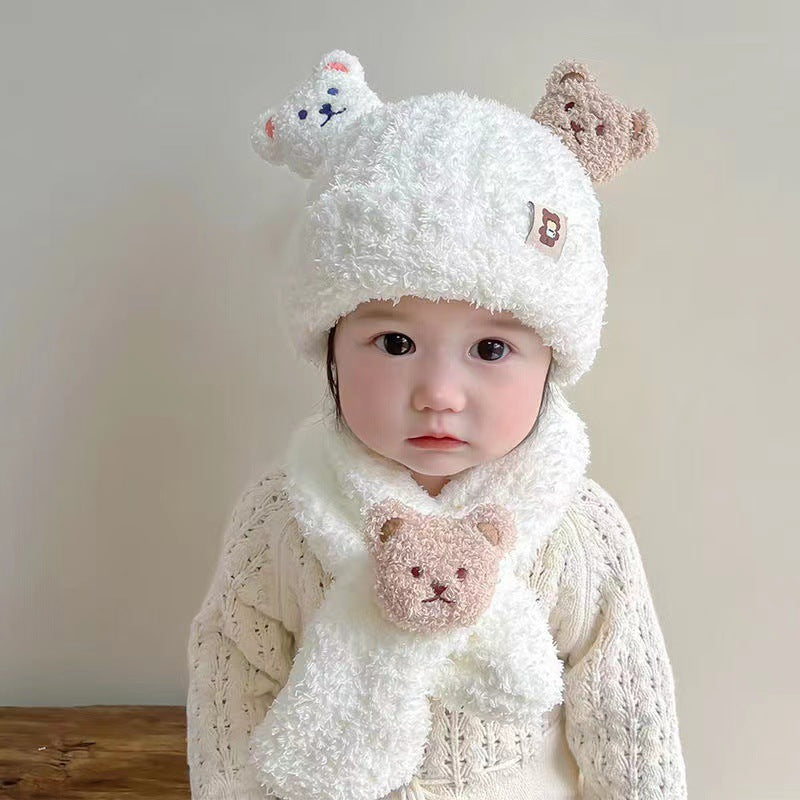 Teddy Velvet Bear Scarf Hat Two Piece Cartoon Ear Protection Warm Boys and Girls Set Hat