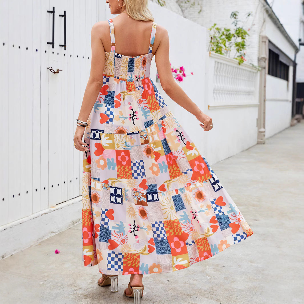 Love Flower Print Bohemian Beach Maxi Dress with Strap, Summer Vacation Casual Flowy Dress