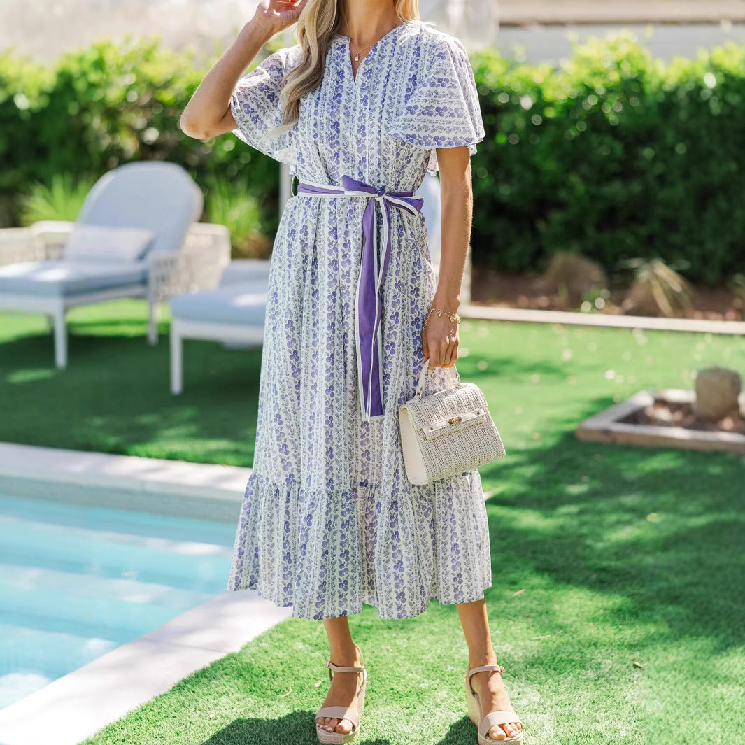 Bohemian Floral Belted Ruffle Dress with V-Neckline, Long Vacation Dress