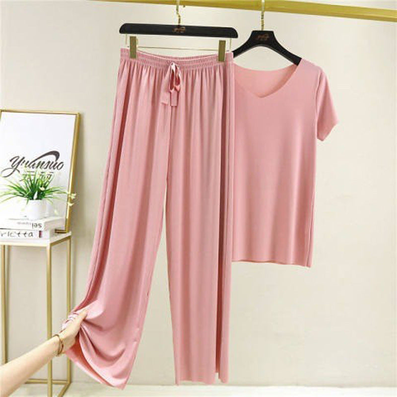 Summer Korean Style Lightweight Soft Two-Piece Set for Women, Ice Silk Casual Short Sleeve T-Shirt and Cool Long Pants